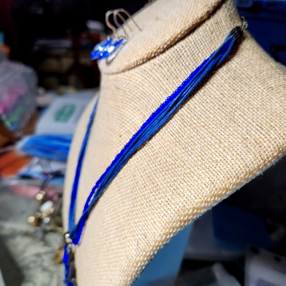 Blueberry Flower Pendant Statement Multistrand Necklace Earrings Set - Picture 4 of 4